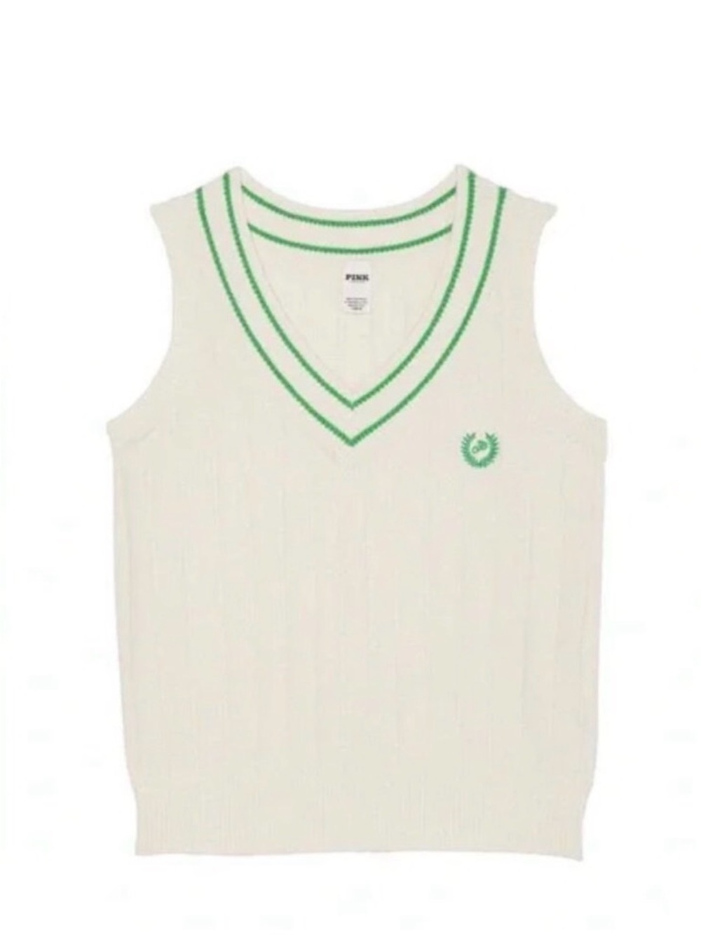 PINK Cream V-Neck Knit Vest with Green Stripe Trim